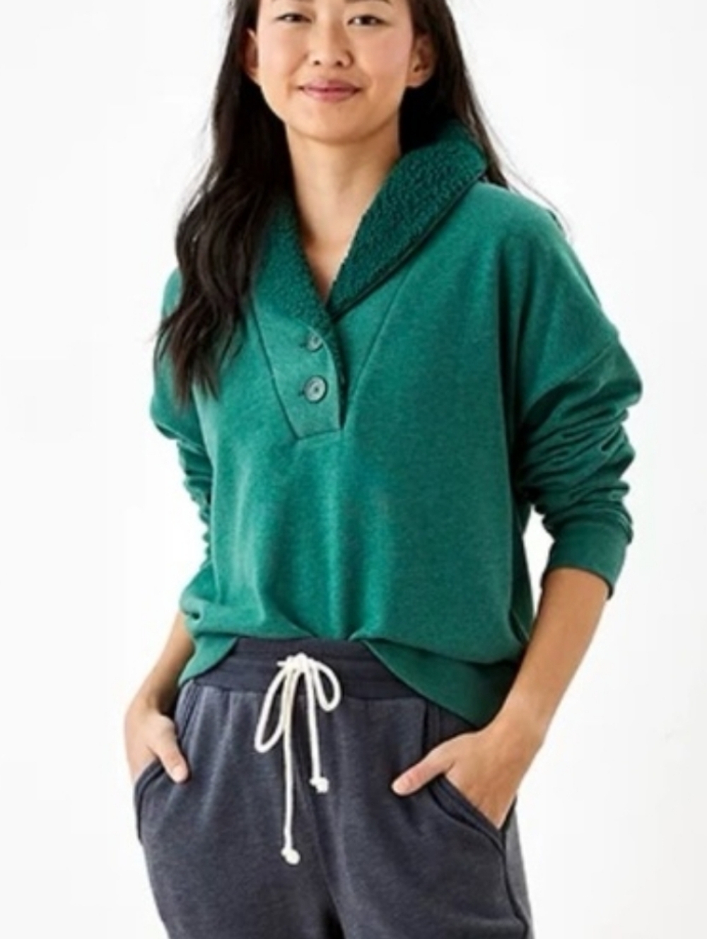 American Eagle Sherpa Collar Sweatshirt Womens Medium Green Pullover Cozy Lounge